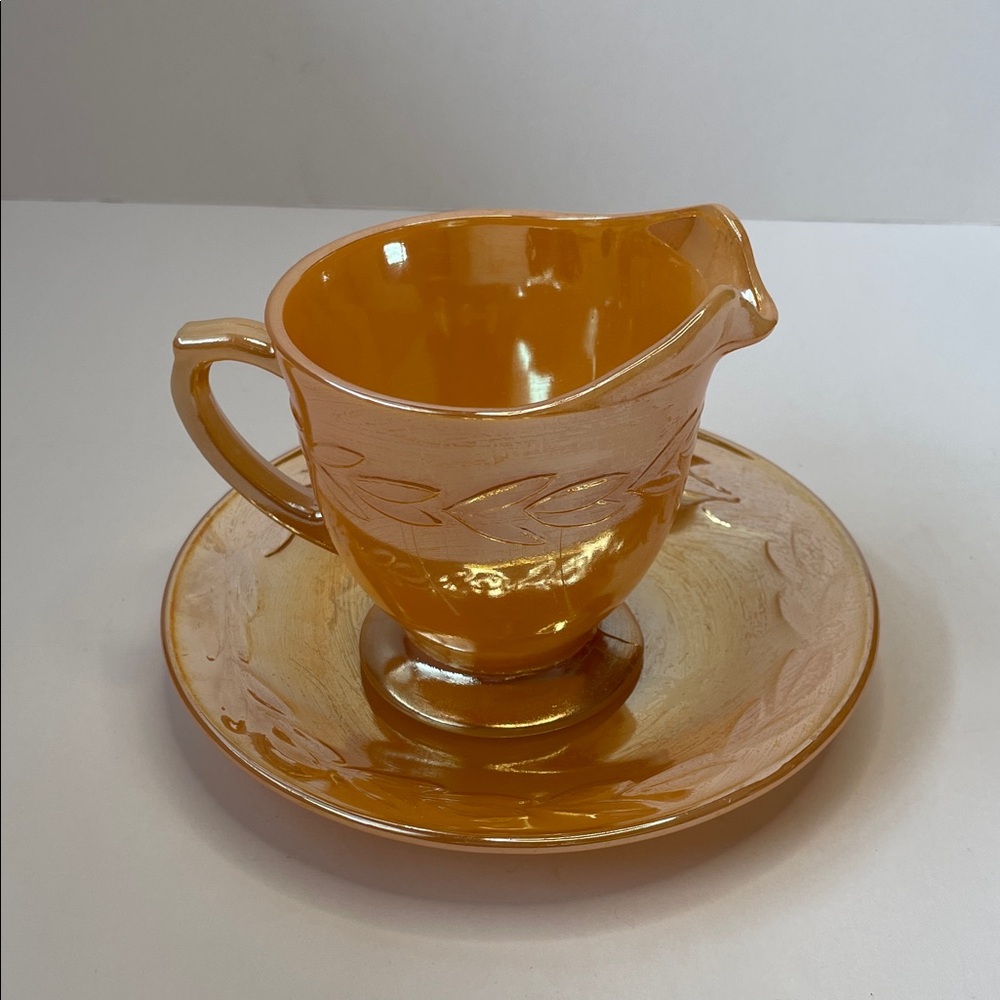 Vintage Fire King Iridescent Amber Creamer & Saucer Set
